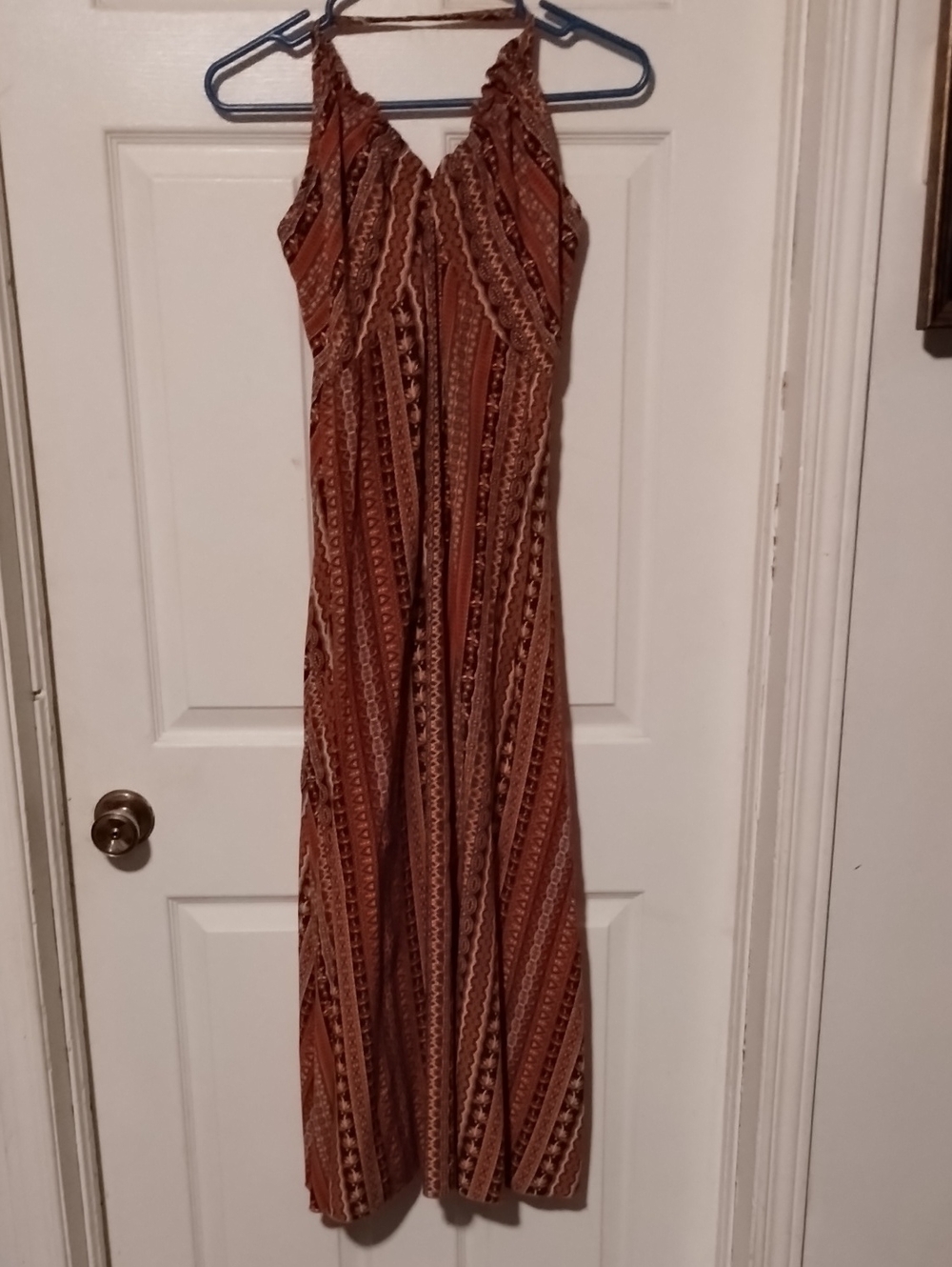 Boho Halter Maxi Dress in Rust Orange / Brown Geometric Pattern. XL